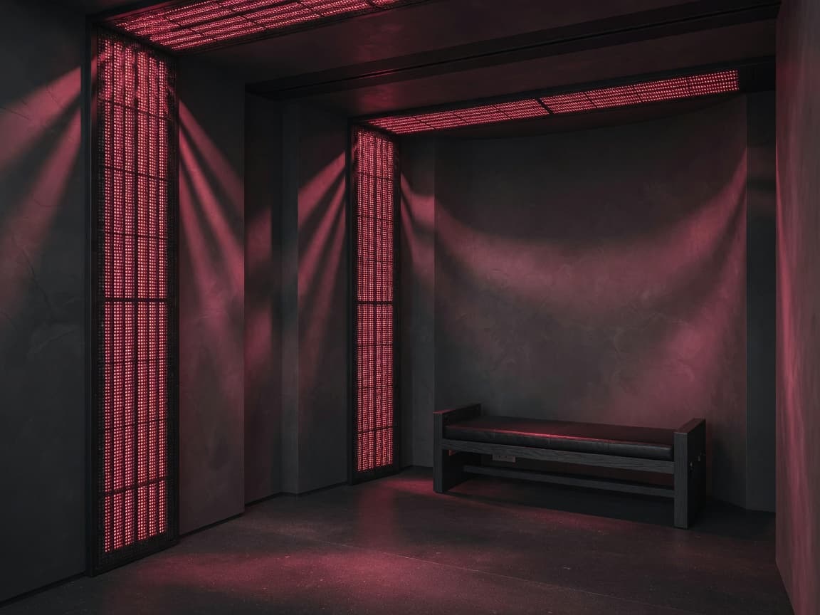 Empty red light therapy room with a single dark bench