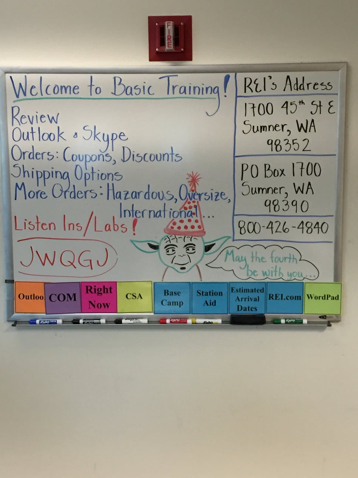 A classroom whiteboard headed Welcome to Basic Training